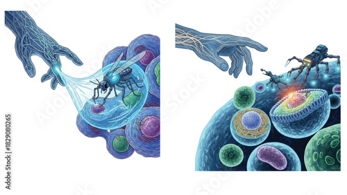 Conceptual illustration of biotechnology showing genetic engineering and nanotechnology for cellular manipulation and disease control