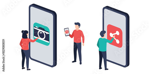 People interacting with mobile phone applications for photography and sharing on white background, illustrating modern digital lifestyle and connectivity.