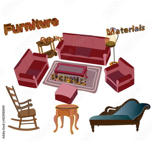 Red living room with a table and birdcage chaise lounge.ai