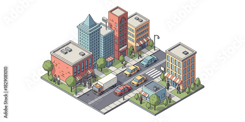 Isometric city block shows cars and trucks driving on the road between buildings in a modern, clean, and minimalist style.