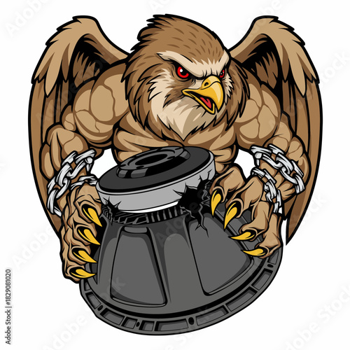 Muscular cartoon hawk mascot with broken chains gripping a large audio speaker.