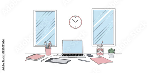 Neat workspace with laptop and stationery sits under windows, creating a bright and organized atmosphere perfect for productivity and creativity.