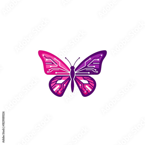 A vibrant digital butterfly with intricate circuit board patterns on its wings, blending nature and technology in pink and purple hues.