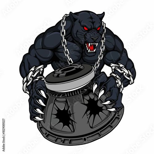 A fierce black panther with glowing red eyes and a chain around its neck, gripping a damaged speaker.