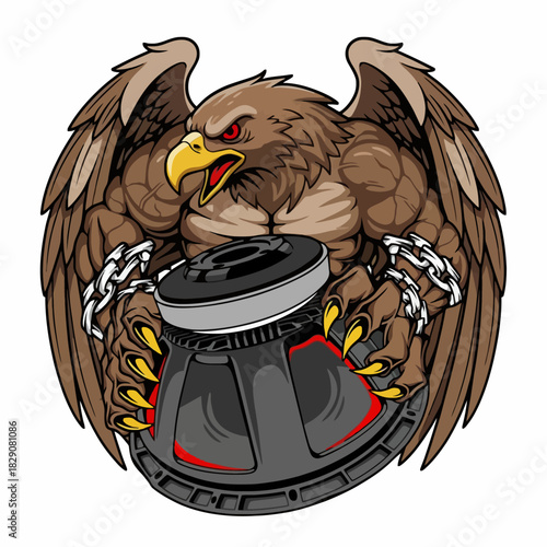A powerful, muscular eagle mascot with spread wings and broken chains holding a large audio subwoofer.
