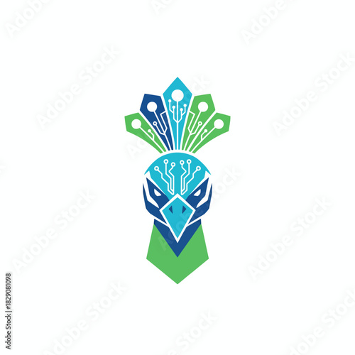 A stylized digital peacock head with circuit board patterns on its crest, rendered in blue and green geometric shapes.