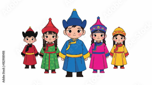 Group of children in traditional folk costumes holding hands