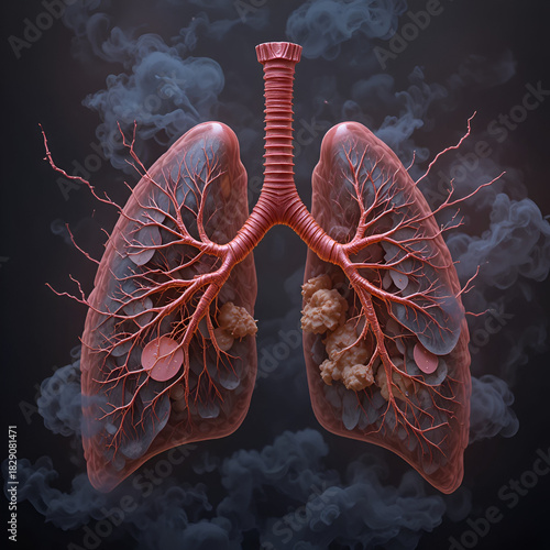 Detailed illustration of human lungs showing bronchial tree and alveoli with a dark smoky background representing respiratory system anatomy