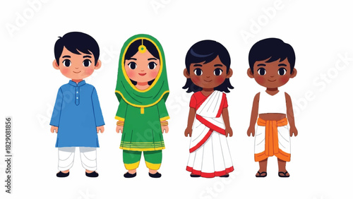 Diverse South Asian Children in Traditional Cultural Attire Illustration