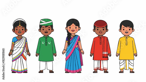 Diverse Group of Cheerful Children Representing South Asian Cultural Attire