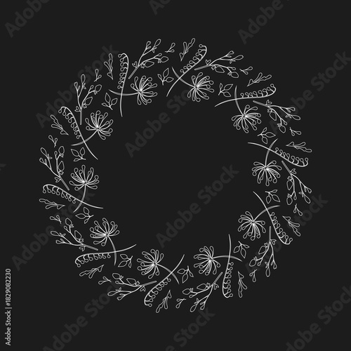 Outline of a wreath of herbs. Large round frame with a pattern. Empty decorative frame for decoration. Wedding wreath. Geometric frame. Christmas wreath. Cutting file.