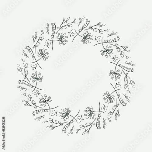 Outline of a wreath of herbs. Large round frame with a pattern. Empty decorative frame for decoration. Wedding wreath. Geometric frame. Christmas wreath. Cutting file.