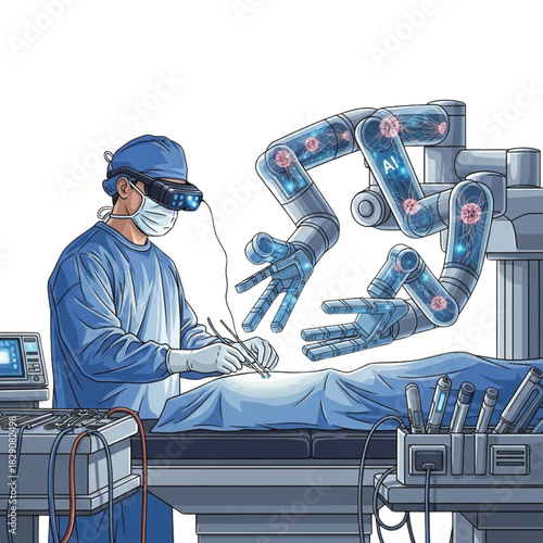 Surgeon performing complex operations with the aid of advanced virtual reality and artificial intelligence-driven robotic systems for enhanced precision and future medical care