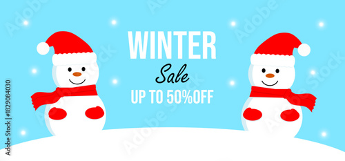 Winter sale banner with snowmen and the inscription "Winter Sale. Up to 50% off"