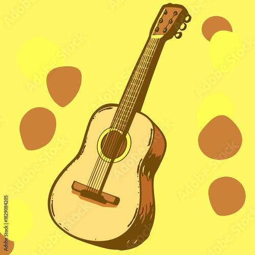 A classic acoustic guitar illustration on a yellow background