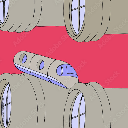 A futuristic monorail traveling through a space colony illustration