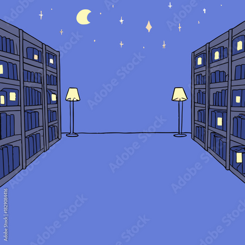 A magical library with glowing books under a cosmic night sky