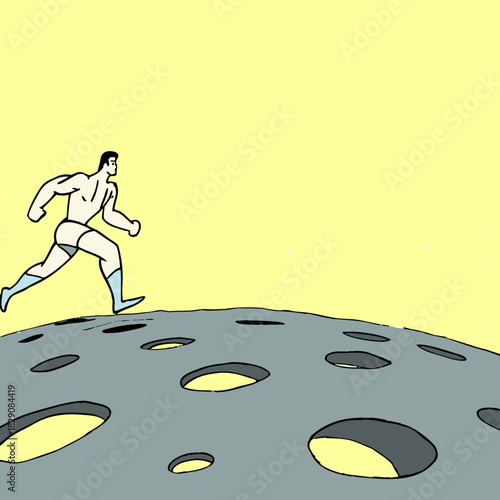 A male athlete running on the cratered surface of a planet