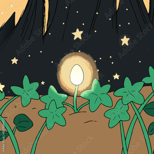 A magical glowing seed sprouts from the ground on a starlit night