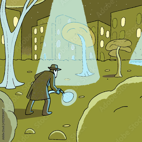 A male detective investigates a glowing mystery in a surreal park