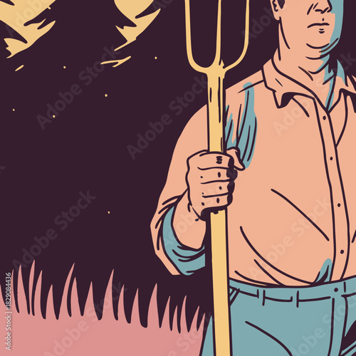 A male farmer holding a pitchfork in a field at night