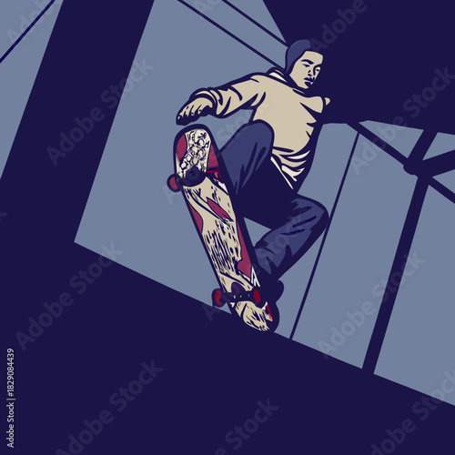 A male skateboarder grabs his board during a mid air jump