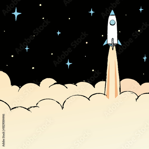 A minimalist rocket launches into a starry night sky