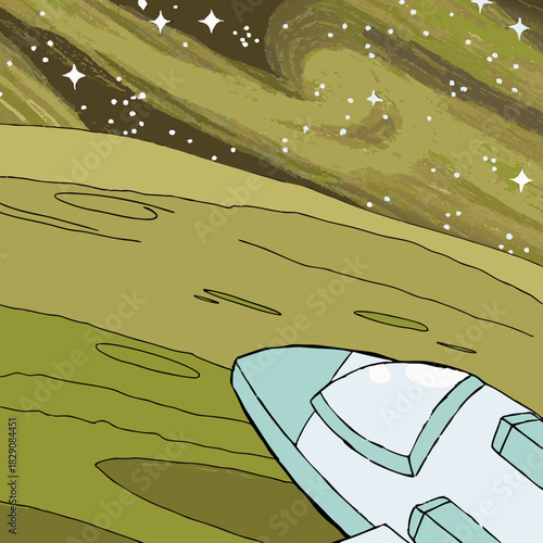 A minimalist spaceship flies toward a distant galaxy