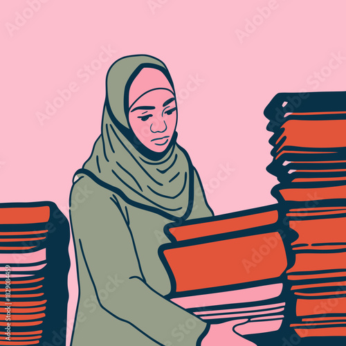 A Muslim librarian wearing a hijab organizes stacks of books