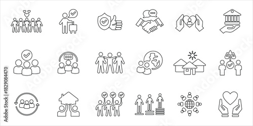community icons set. people, diversity, village, human rights, collective action, neighbohood and more. simple line vector