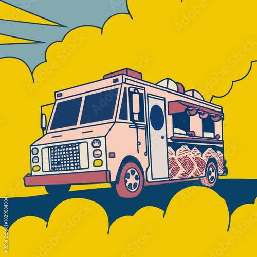 A stylized taco food truck driving on yellow clouds