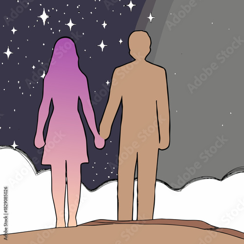 An abstract couple holding hands under a divided night sky
