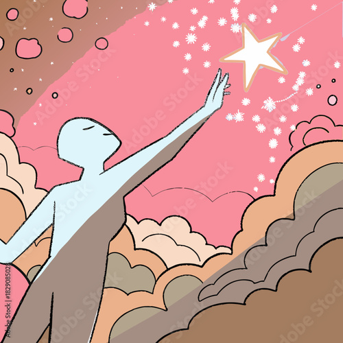 An abstract figure reaching for a shining star in the clouds