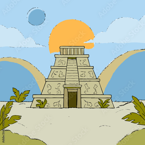 An ancient cosmic temple standing under a binary sunset