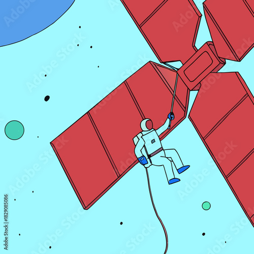 An astronaut in a spacesuit repairs a red satellite in space