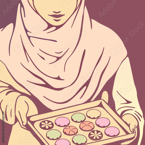 Muslimah baker presenting a tray of colorful cookies