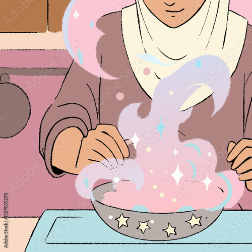 Muslimah chef preparing a glowing cosmic dish