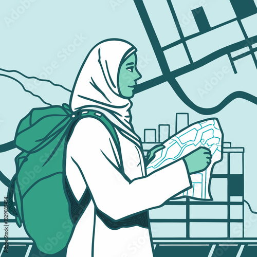 Woman wearing a hijab and backpack navigates a city with a map