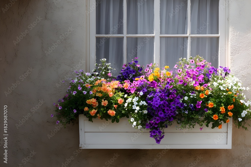Fototapeta premium Window Box Overflowing with Colorful Flowers Beneath Window Charming Garden Home Decor
