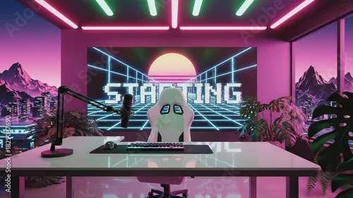 Retro Gaming Setup: A Synthwave Streamer's Paradise. Stream starting soon screen, overlay loop, animated virtual backgrounds, cozy lo-fi gaming room view. vtuber asset twitch zoom OBS.