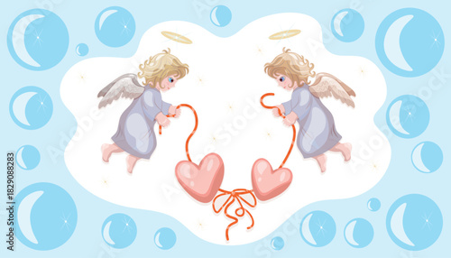 An illustration of two little angels binding two hearts in heaven