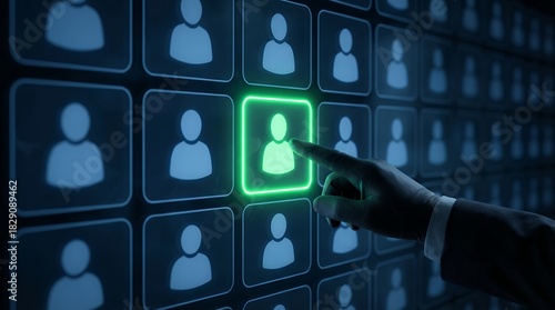 A human hand in a suit selects a glowing green profile icon from a grid of silhouette user icons displayed on a dark digital screen selection person technology computer interface network