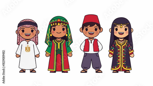 Cute Cartoon Characters in Diverse Middle Eastern and North African Traditional Clothing