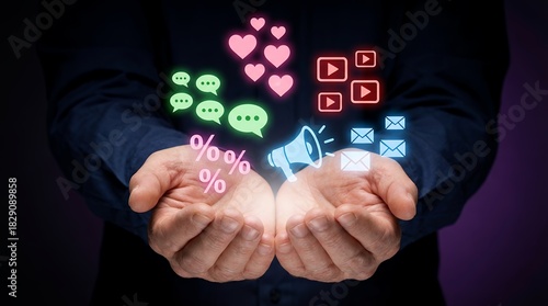 Hands holding digital icons representing communication engagement sales promotions and video content suggesting online marketing strategies and digital presence Social Media Internet