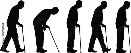 Set of Elderly Men Silhouettes with Walking Cane Vector Illustration, Aging, Mobility, Seniors Health, Grandfather, Disability Support, Geriatric Aid Graphic.