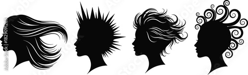S long flowing hair, a sharp punk mohawk, a messy modern bob, and ornate curly spirals, representing fashion, beauty, and individuality.