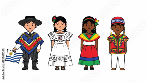 Diverse South American Children in Traditional Cultural Attire Illustration