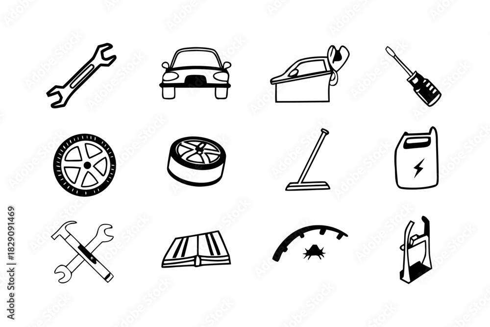 Fototapeta premium A collection of black and white car maintenance icons