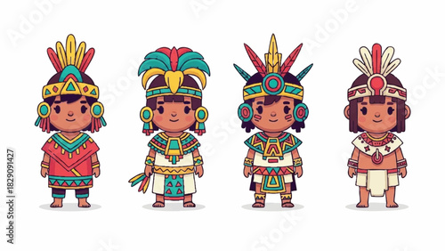 Cute Cartoon Indigenous Children Characters in Traditional Mesoamerican Attire