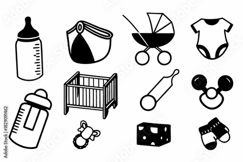 A collection of black and white baby care icons on a white background